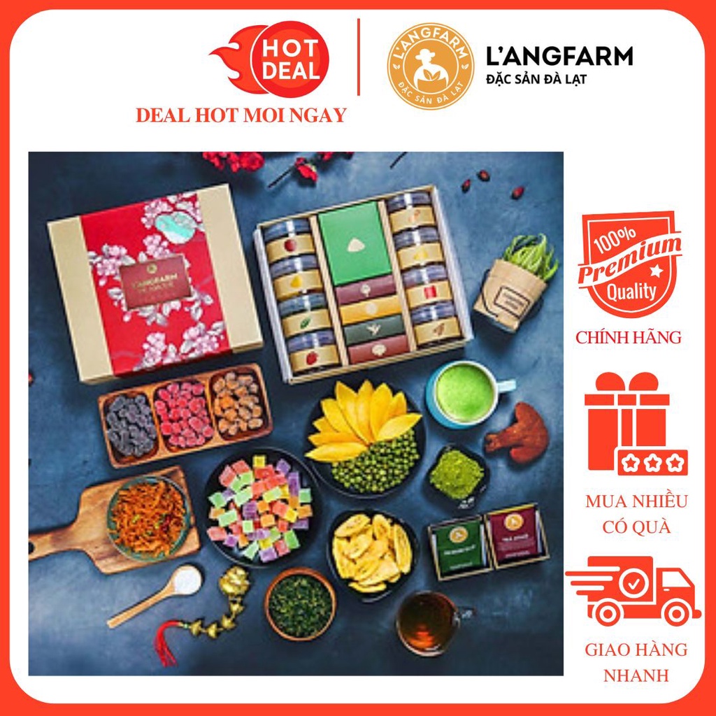 Hộp Quà LangFarm De Amour Nhãn Đỏ Mix Vị Bánh Kẹo Trà Hoa Quả Sấy - Hộp 1 Tầng 13 Món