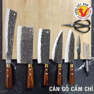 Bộ dao bếp 8 món thép nhíp xe ô tô dập vân chống dính 2 mặt - Dụng cụ nhà bếp