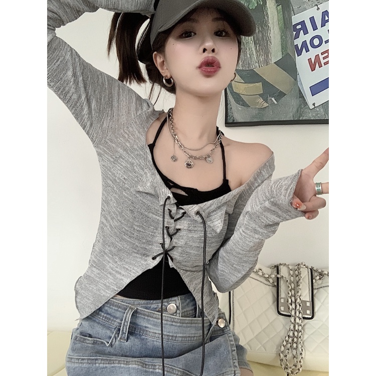 Set Áo Hai Dây Màu Trơn + Áo Khoác cardigan Dài Tay Màu Đen / Xám Phong Cách Hàn Quốc Quyến Rũ Dành Cho Nữ