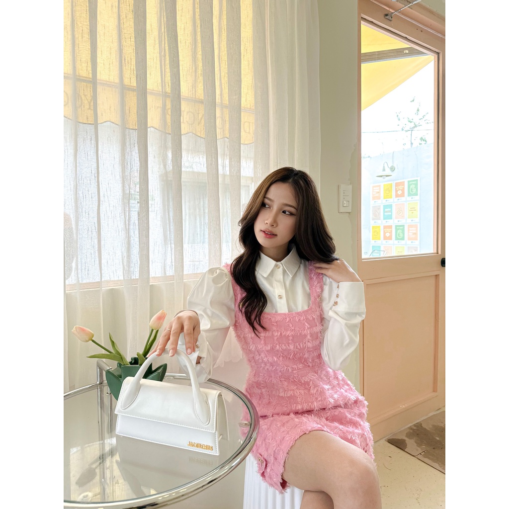 TINGOAN® -  Váy liền tweed lông lấp lánh hồng cúc đính kim loại viền xích tingoan ROYAL BABY DRESS/PK