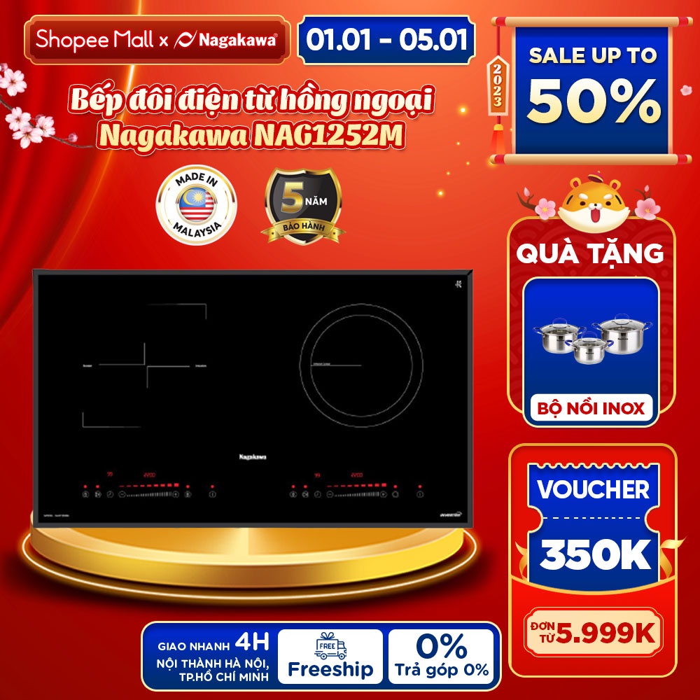 Bếp đôi điện từ hồng ngoại Inverter Nagakawa NAG1252M - Bảo hành 5 năm