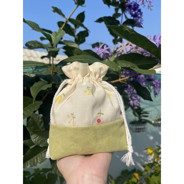 Túi Vải Dây Rút Hoa Nhung Cốm Xanh
