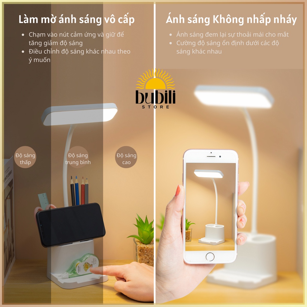Đèn học để bàn Pin sạc 1250 mAh đựng bút chữ nhật Ba nhiệt độ màu Làm mờ vô cấp