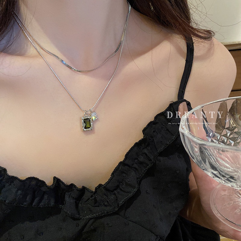 Dây Chuyền Hai Mảnh Mặt Vuông Đính Đá Zircon Cao Cấp Phong Cách Hàn Quốc Đơn Giản Hợp Thời Trang