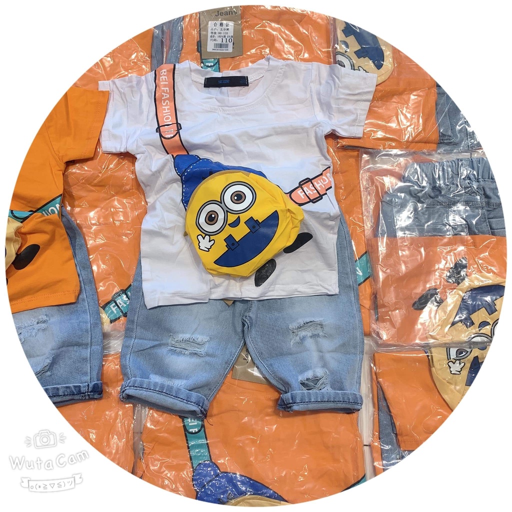 Set bộ phông quần jeasn có túi họa tiết minion cho bé 8-25kg
