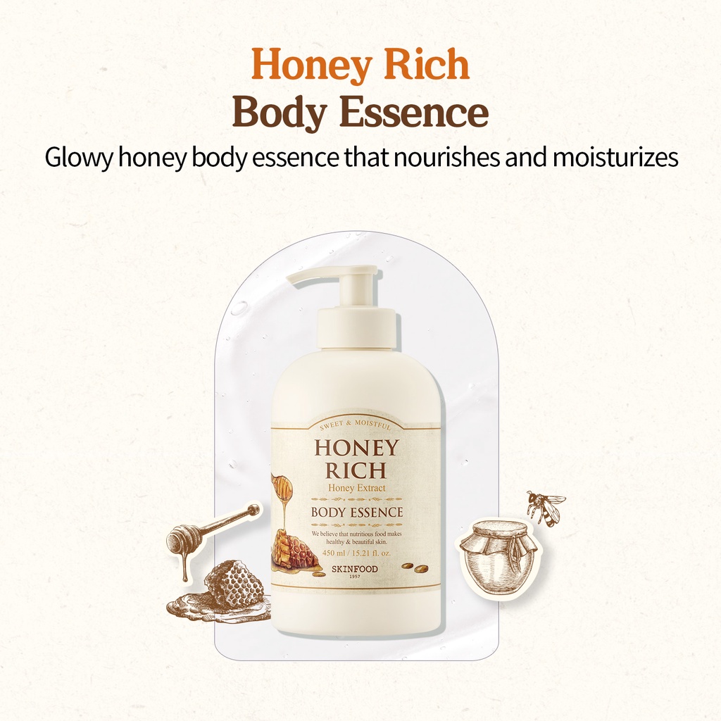 [SKINFOOD] Sữa tắm mật ong Honey Rich 450ml & tinh chất 450ml / bền dưỡng ẩm dành cho da khô / bổ dưỡng / giàu có và chói sáng cách kết cấu / dừa & xạ hương & hương vani hương thơm / Honey Rich Body Wash & Esssence