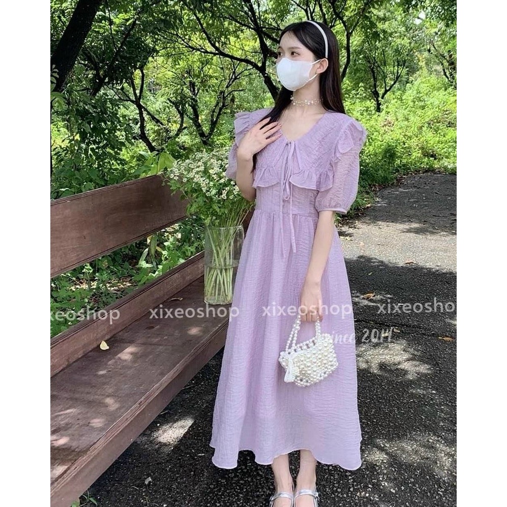 Đầm midi đũi lụa cổ bèo cột nơ duyên dáng