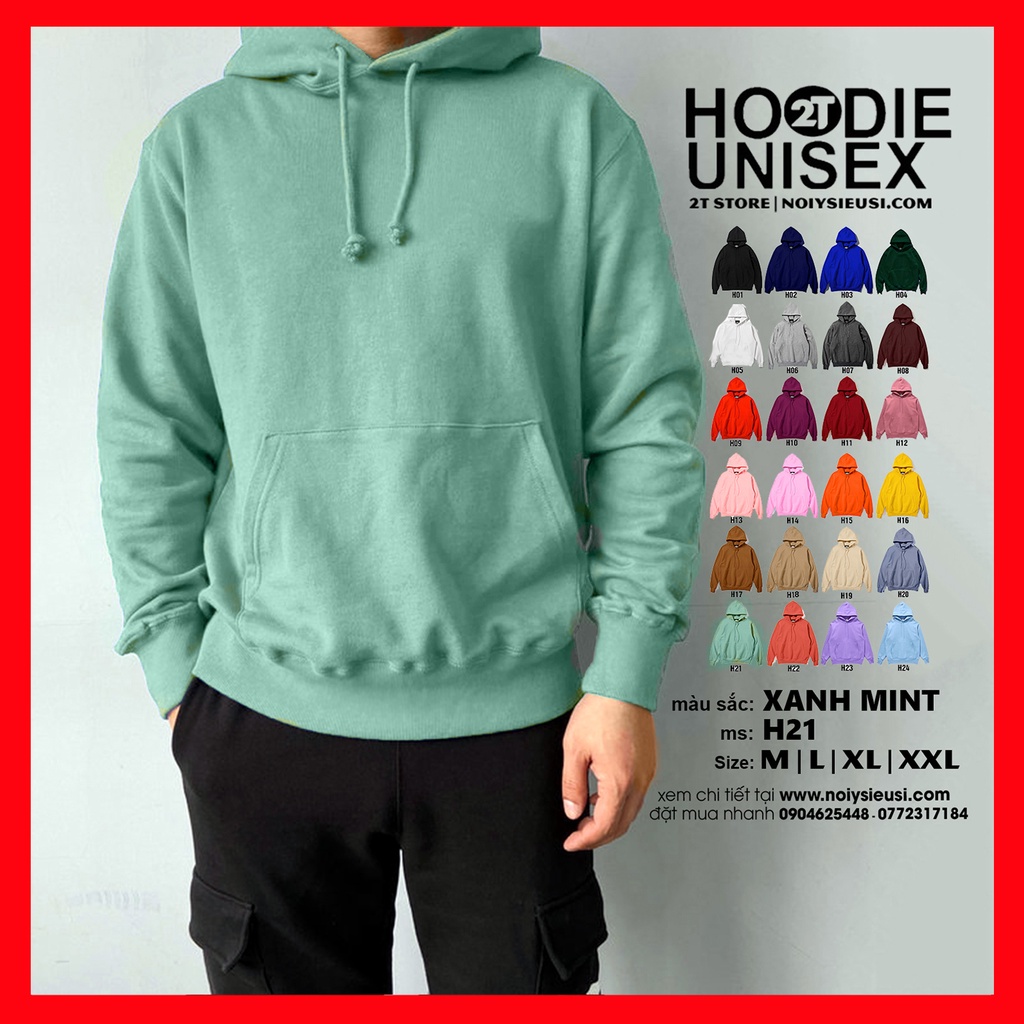 Áo hoodie unisex 2T Store H21 Xanh Mint Bạc Hà - Áo khoác nỉ nữ chui đầu nón 2 lớp dày dặn chất lượng đẹp