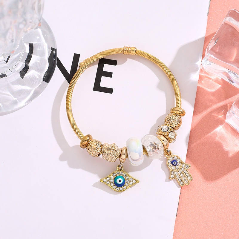 XiaoboACC Vòng tay inox phối mặt hình mắt quỷ đính đá zircon phong cách retro Hàn Quốc DIY
