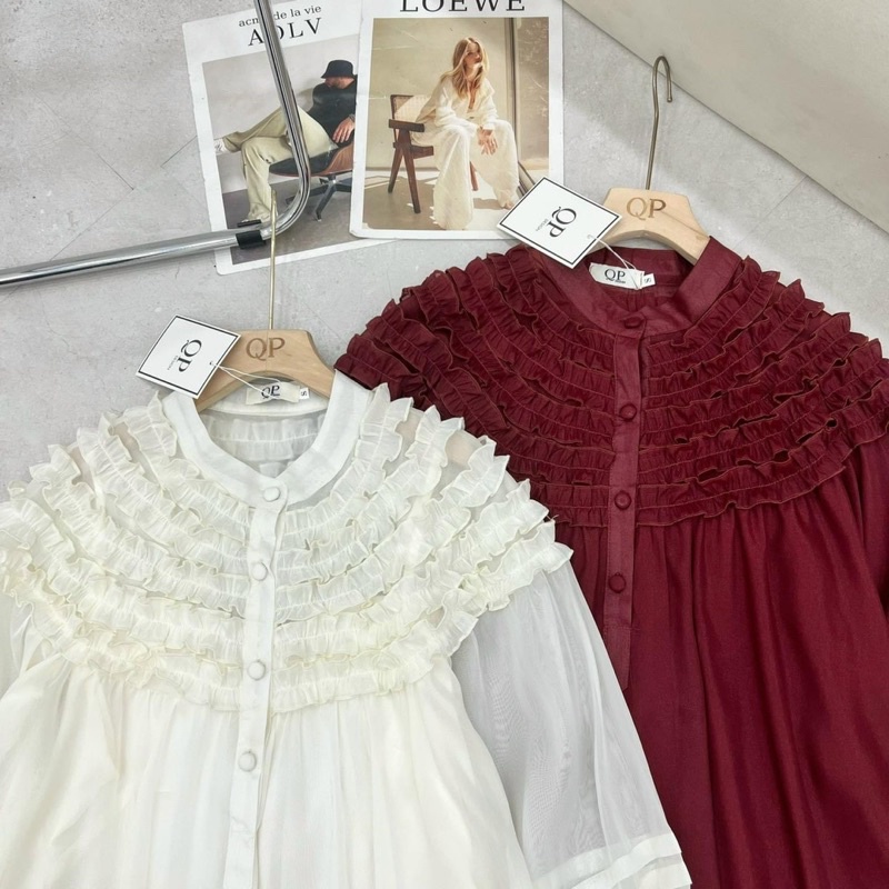 Áo sơ mi babydoll voan tiểu thư cổ bèo tay bèo b100