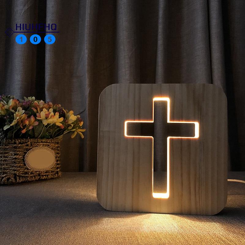 Đèn LED 3D Hình Thánh Giá Bằng Gỗ Để Bàn Kèm Sạc USB Độc Đáo Trang Trí Nhà Cửa