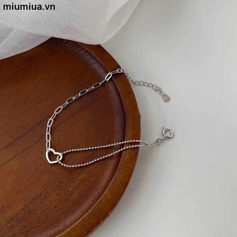 miumiuaVòng Đeo Tay Hai Lớp Bằng Bạc Họa Tiết Trái Tim Rỗng Phong Cách Hàn Quốc Thời Trang Sáng Tạo Cho Nữ