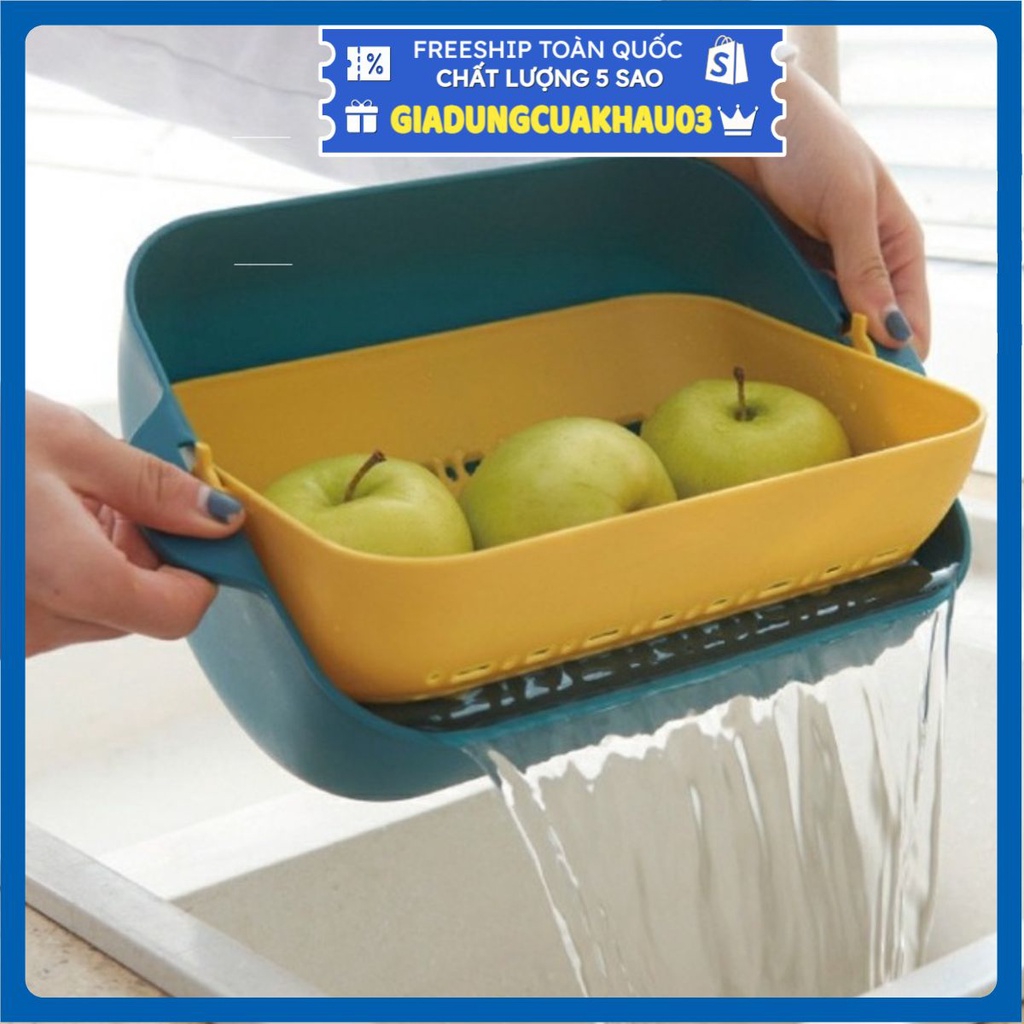 Bộ Thau Rổ 2 lớp xoay 90 độ rửa rau củ hoa quả trái cây không đọng nước thông minh đa năng Cao Cấp