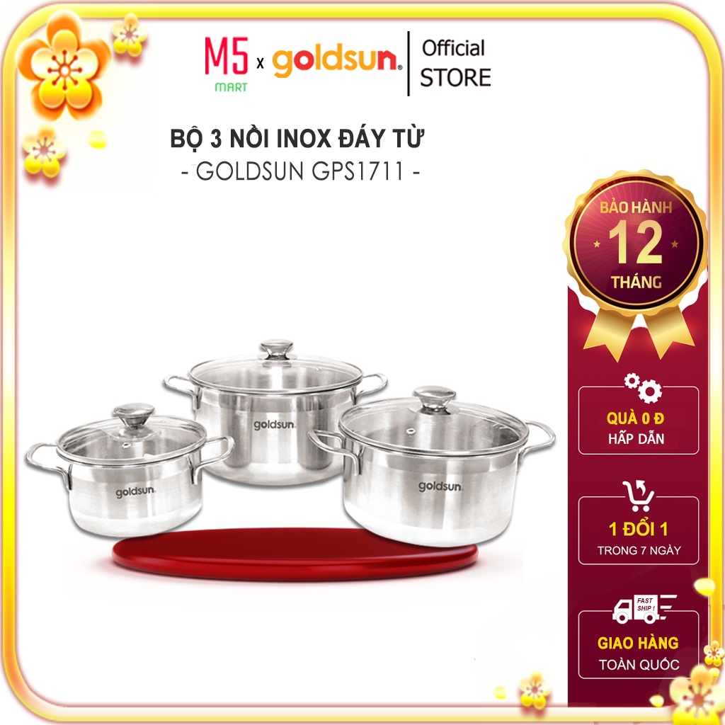 Bộ 3 nồi inox đáy từ Goldsun GPS1711 với 3 size 16cm - 20cm - 24cm sử dụng trên mọi bếp. Hàng chính hãng