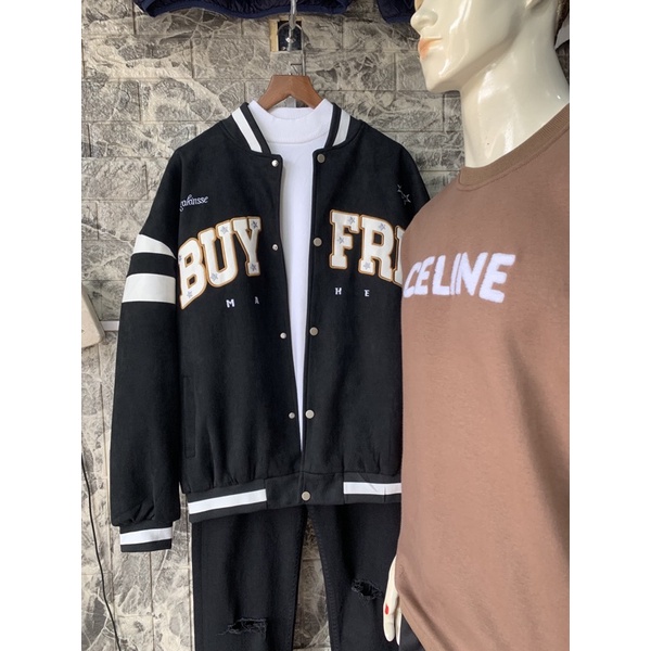 Áo khoác Bomber da lộn trần bông phối tay da unisex nam nữ QCCC