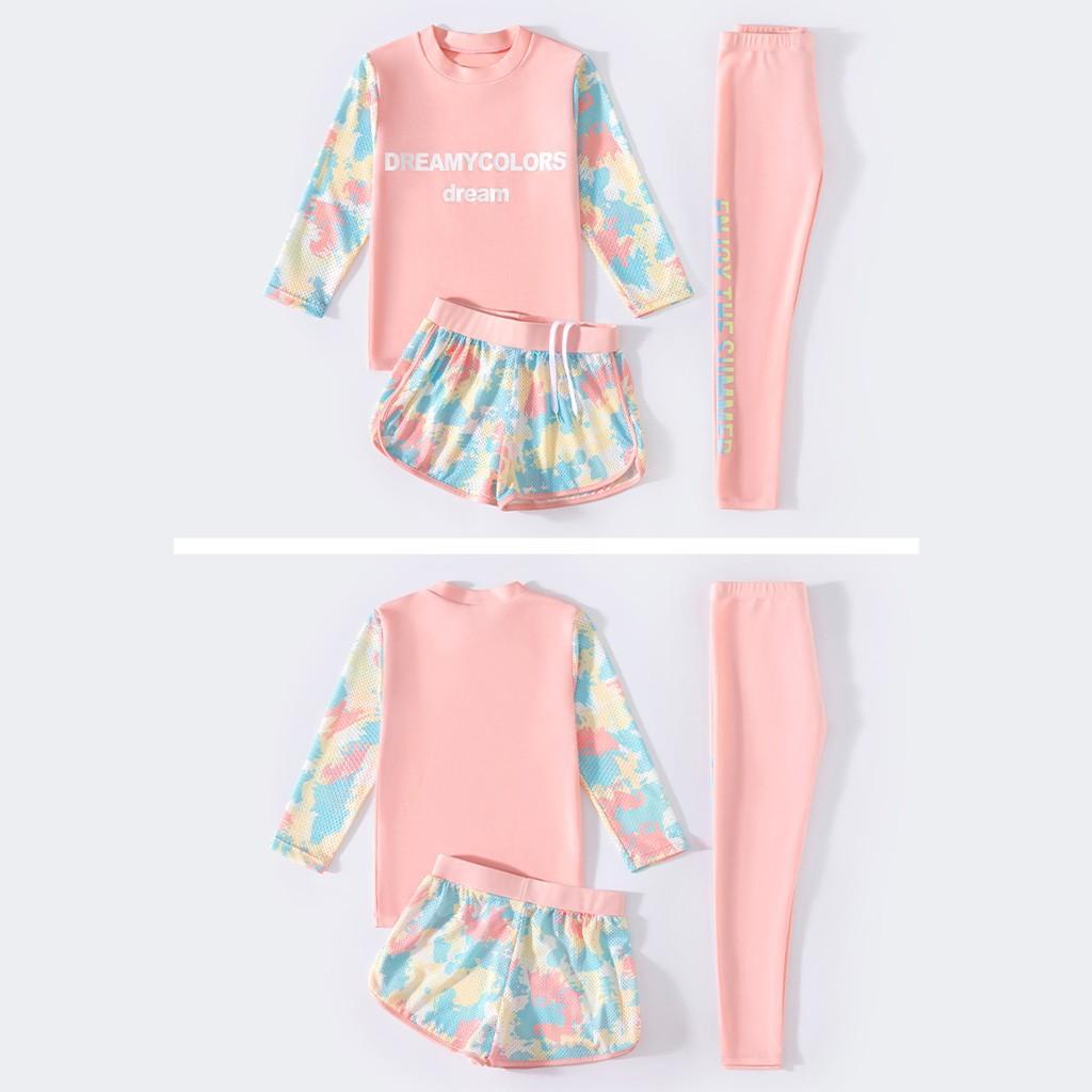 Đồ bơi bé gái, tay dài quần dài chống nắng, set 3 món, phối vải lưới trẻ trung màu sắc tươi sáng size từ 14kg - 38kg
