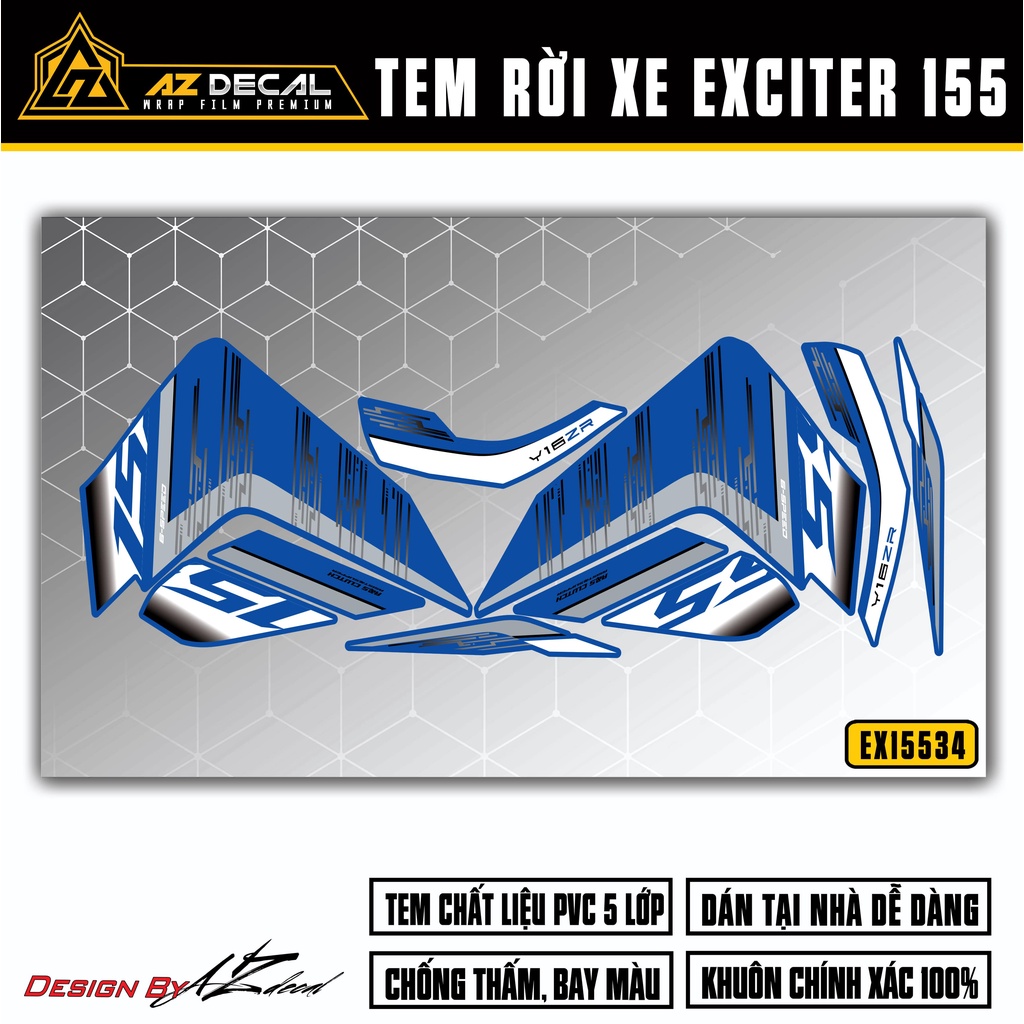 Tem Xe Exciter 155 Thiết Kế Thể Thao | EX15534 | Team Decal Hình Dán Xe Máy Ex155 Trắng Đỏ Xanh Chống Nước Bền Màu