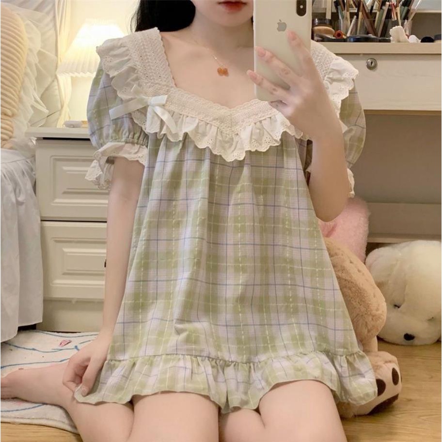 Bộ Đồ Ngủ Áo Hai Dây Phối Ren + Quần Short Họa Tiết Caro Thời Trang Mùa Hè 2023