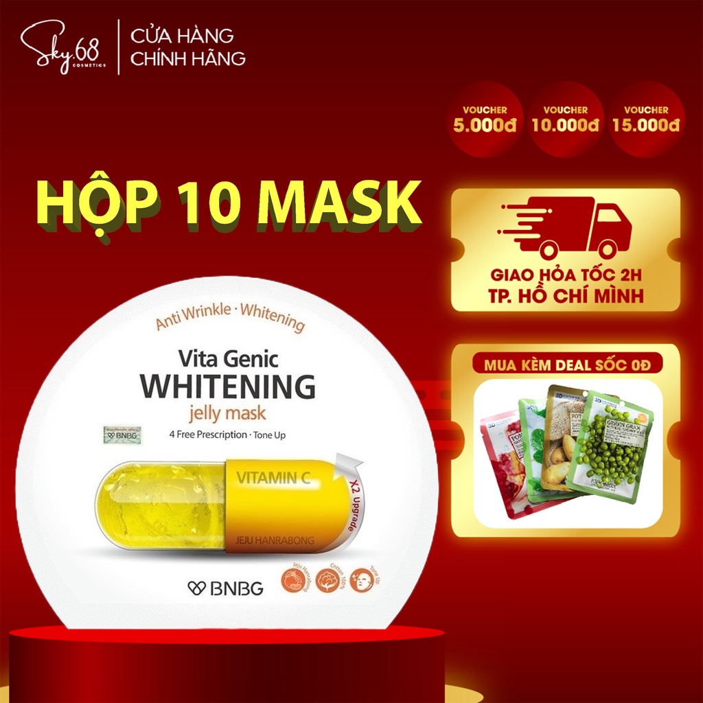 Hộp 10 Mặt Nạ dưỡng trắng da và làm đều màu da BNBG Whitening Jelly Mask 30ml x 10 - Vitamin C