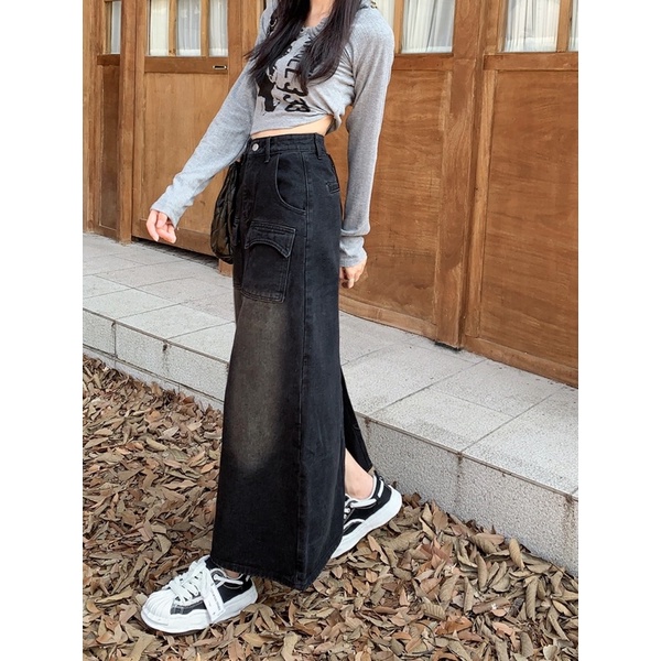 Chân váy denim dáng dài, chân váy jean dáng dài túi trước