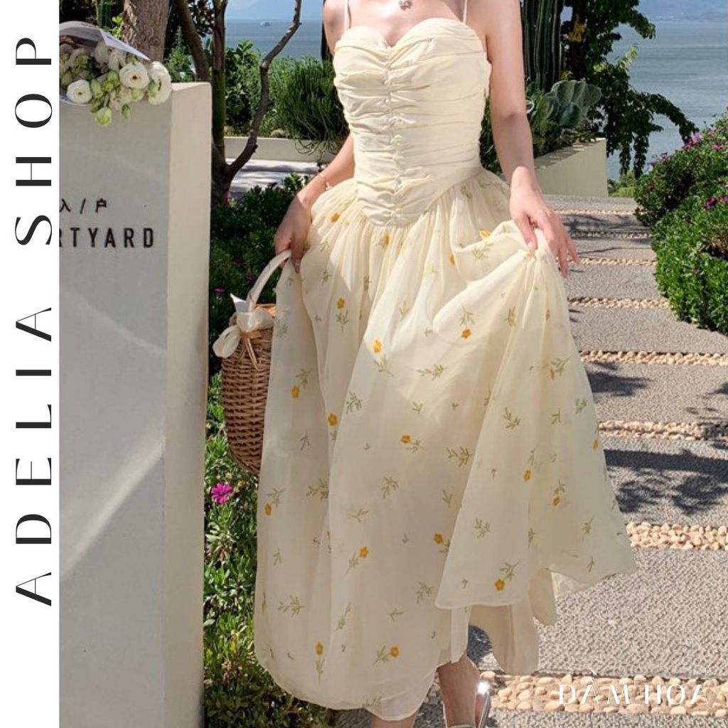 Sẵn -「ADELIA」Đầm 2 Dây Hoa Nhí DH4 Dáng Dài Xòe Phong Cách Tiểu Thư Pháp Hàng Quảng Chây 2 Lớp Mềm Đẹp