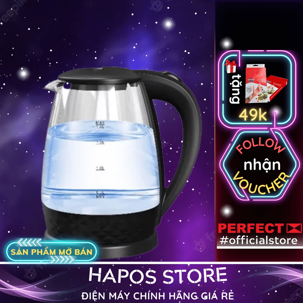 Ấm đun siêu tốc thủy tinh Perfect 1.8L 1550W, bình đun nước mini có báo đèn tự ngắt - HAPOS