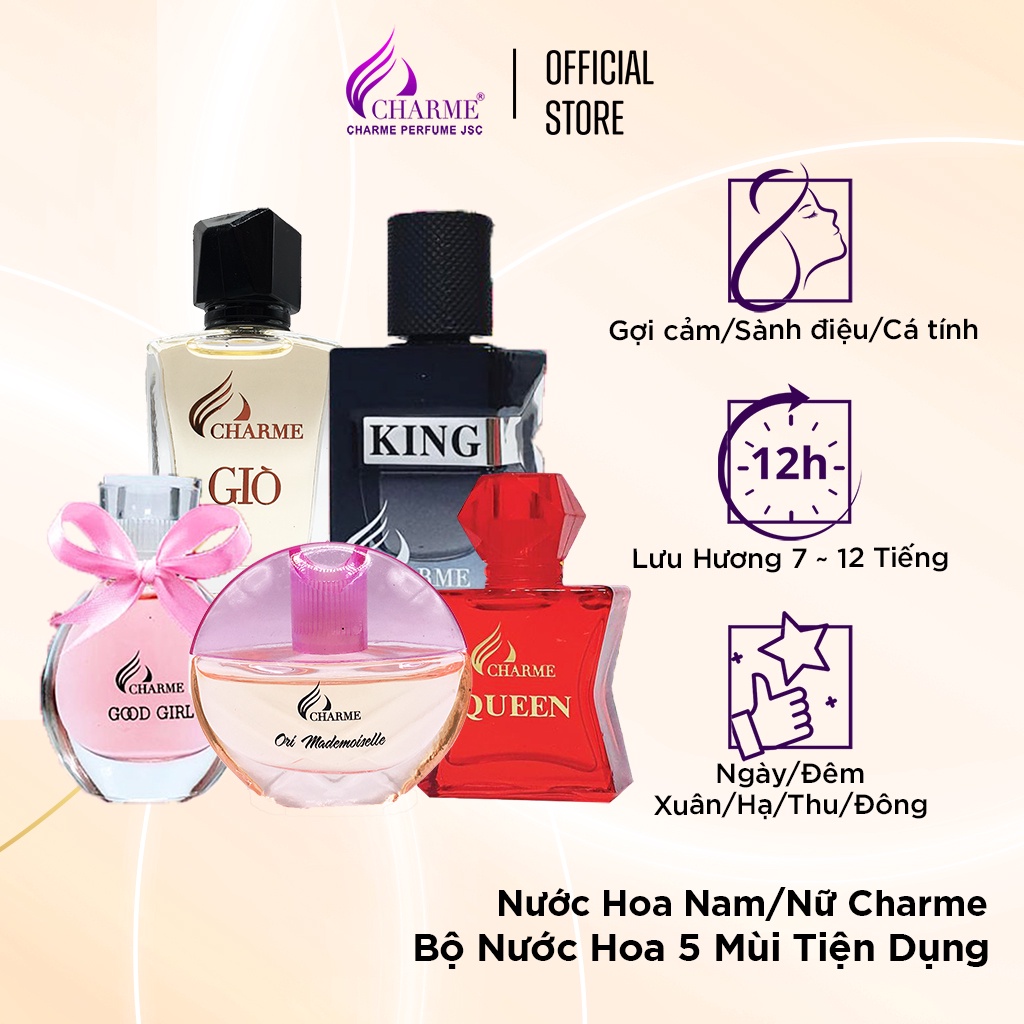 Bộ nước hoa mini, Charme, 5 chai chấm, cho nam và nữ tiện dụng, 10ml