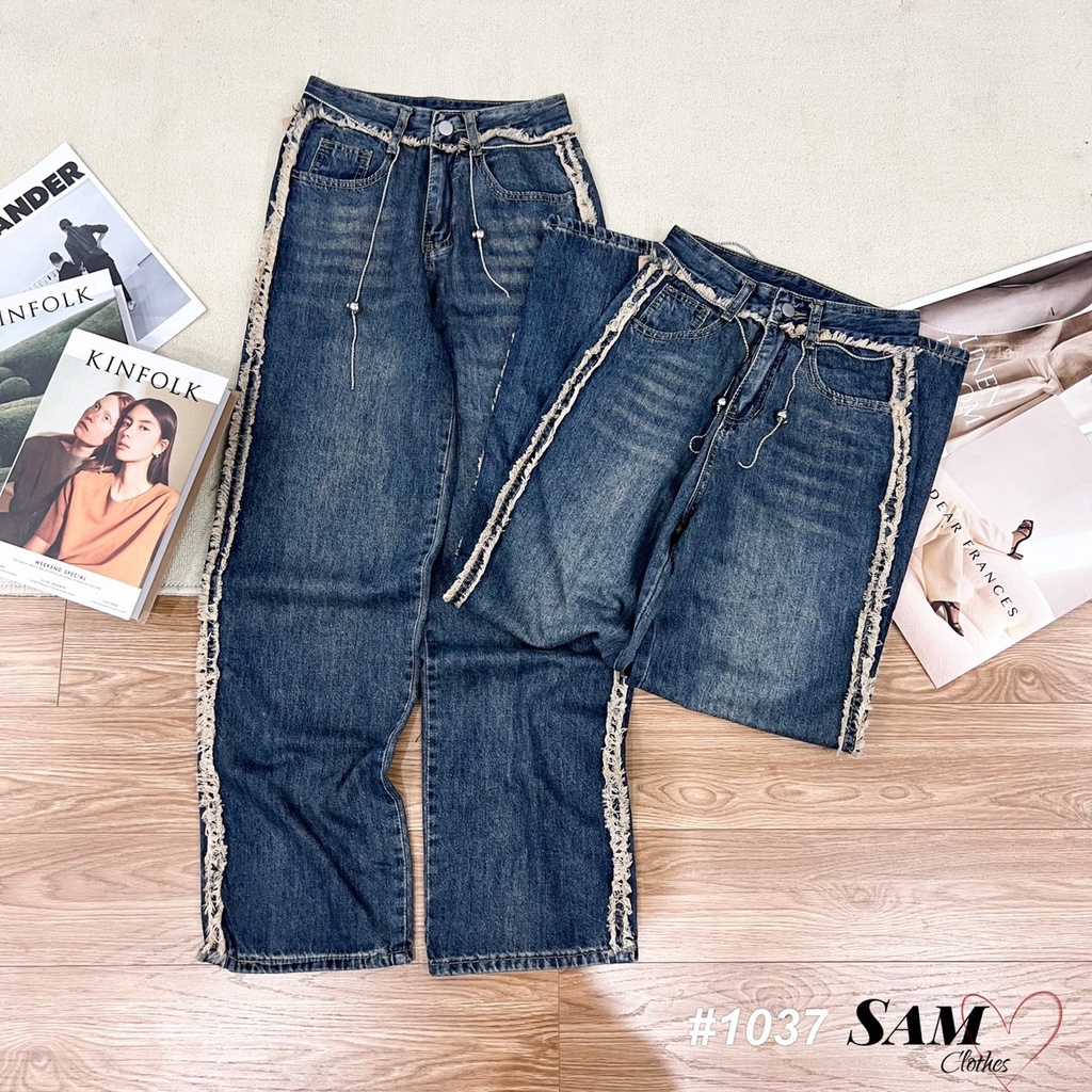 Quần jeans bò xuông viền xù tua kèm dây đai xích