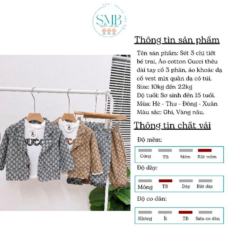 Sét dạ bé trai 22429 Sét 3 chi tiết, áo cotton thêu Gucci cổ 3 phân dài tay, áo khoác dạ cổ vest có túi, quần dạ có túi