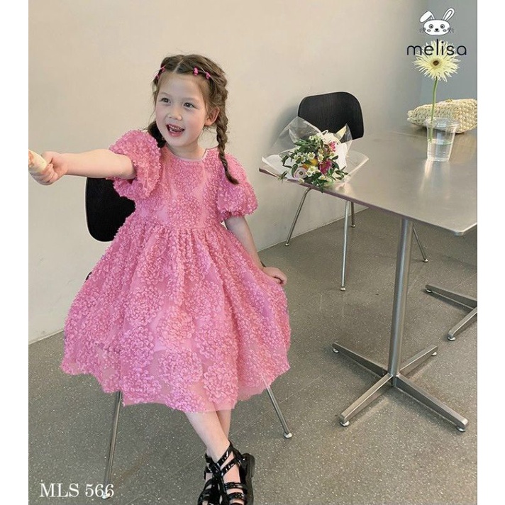 Váy bé gái màu hồng hoa nổi 3D