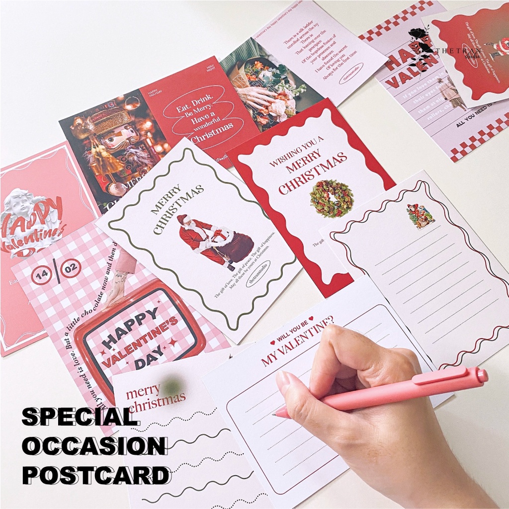 Bộ 4 postcard giáng sinh, sinh nhật, valentine, nghệ thuật 2 mặt A6 / special occasion card / thetranstudio