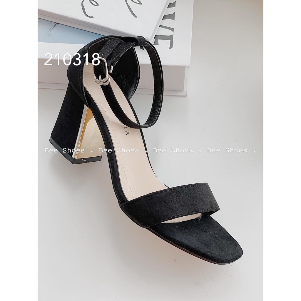 Sandal quai nỉ nhung ngang gót trụ to ốp mạ vàng - 7P
