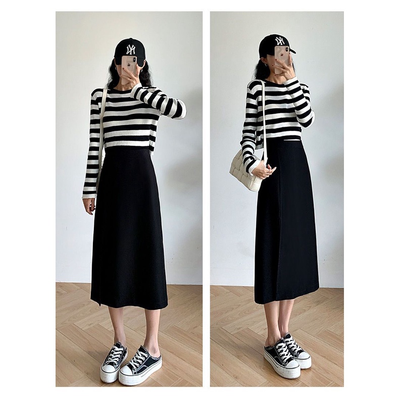 Chân váy Midi xẻ tà dài dáng suông đơn giản cá tính phong cách sang trọng có big size, vải tuyết mưa vitex dày dặn mã072