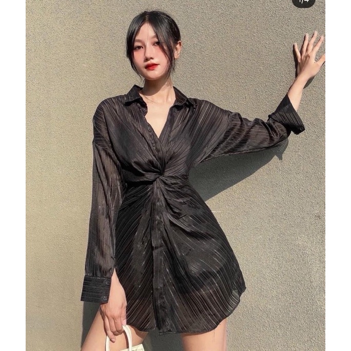 Áo sơ mi đen sọc xoắn eo kèm bra kèm ảnh thật