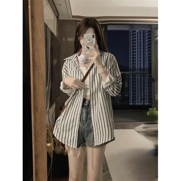 NRVP Áo sơ mi nữ tay dài họa tiết kẻ sọc phong cách Hàn Quốc