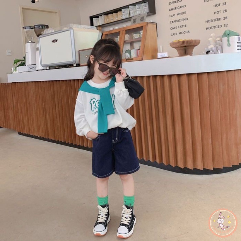 Áo Thun Sweater Cổ Tròn Tay Dài In Chữ Phối Khăn Choàng Kiểu Hàn Quốc Dễ Thương Cho Bé Gái