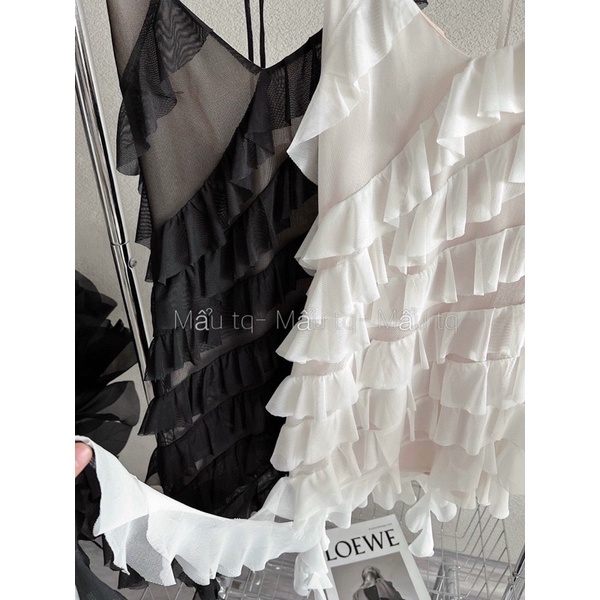 Váy body 2 dây lưới bèo tua rua