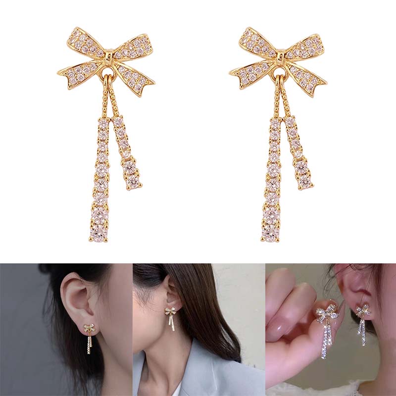 Khuyên Tai Bạc Dạng Hạt Đính Nơ Tua Rua Phong Cách Lạnh Cao Cấp jp5