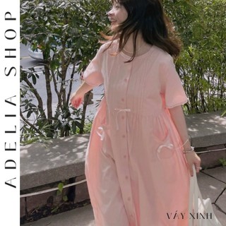 「ADELIA」Đầm Babydoll Ngắn Tay Màu Hồng Ngọt Ngào Dáng Dài Cổ Tròn Phối 2 Túi Lửng Hàng Quảng Châu 2 Lớp