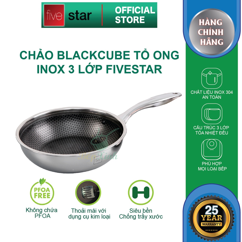 Bộ nồi và chảo chống dính Blackcube tổ ong sâu lòng 3 lớp đáy liền inox 304 Fivestar Plus 5 món quai oval nắp kính