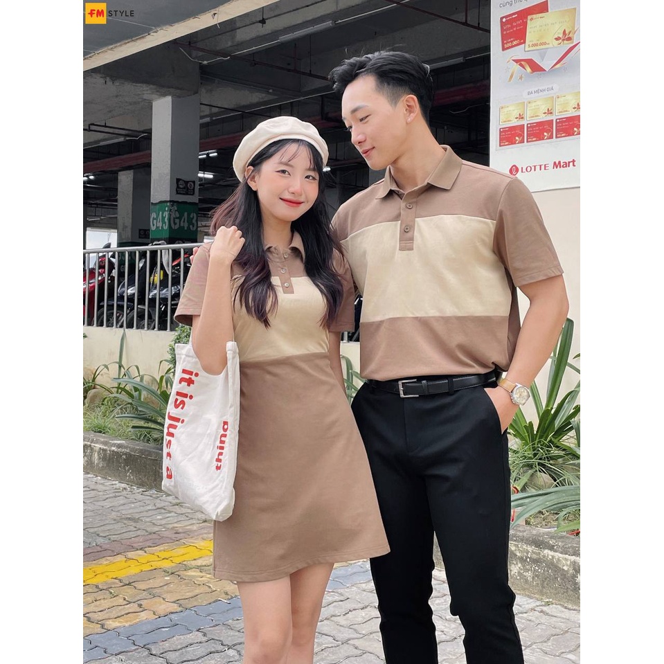 Set đồ đôi FM Style đầm nữ dáng ngắn kèm áo polo nam hoạ tiết trơn basic thời trang couple 23010997