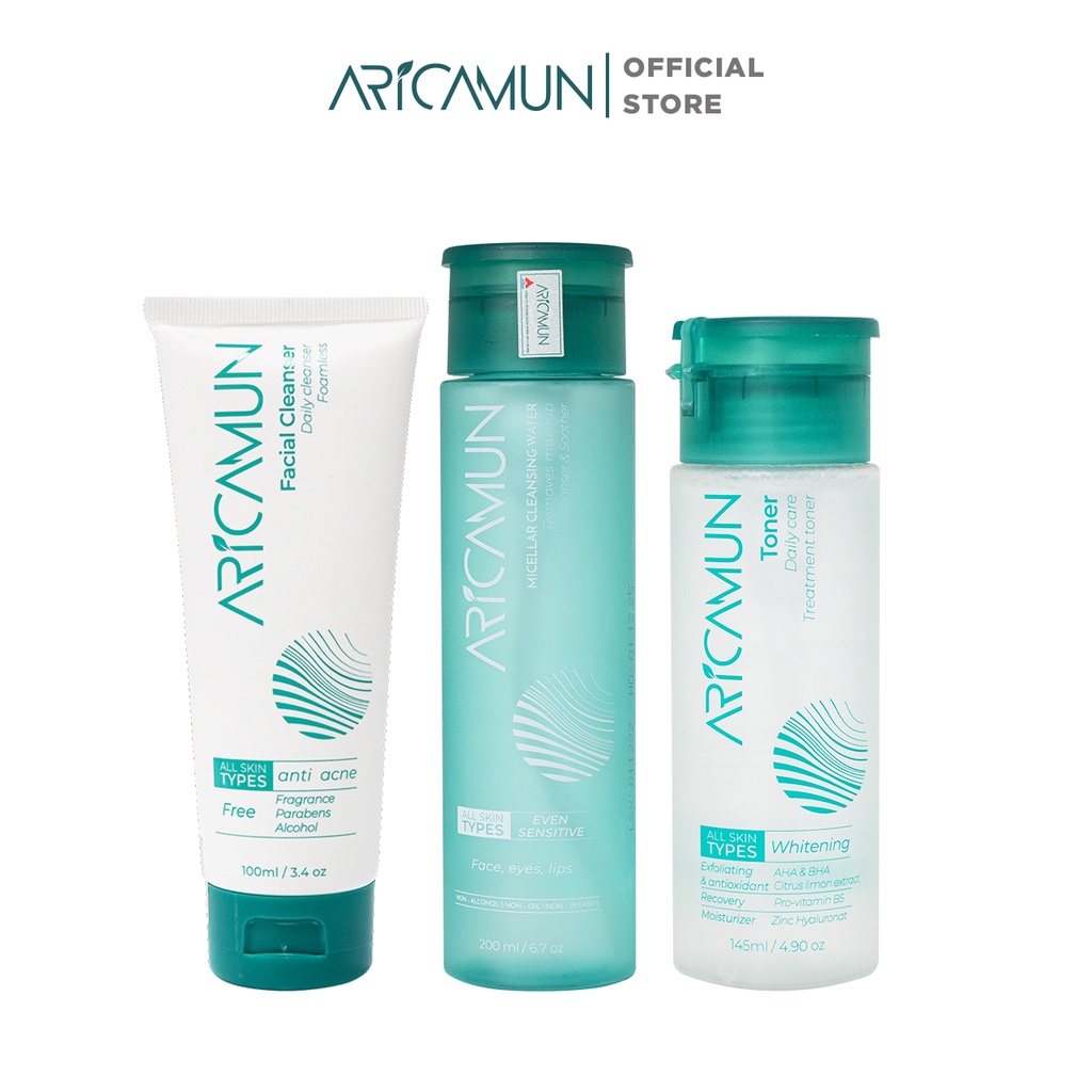 Combo Làm Sạch Sâu Aricamun: Nước Tẩy Trang Sạch Sâu (Mẫu Mới) + Sữa Rửa Mặt pH 5,5 + Toner Acid