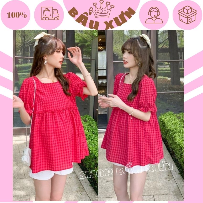 ÁO BẦU MÙA HÈ XINH XẮN- ÁO KẺ HỒNG THIẾT KẾ BUỘC NƠ ĐIỆU ĐÀ- ÁO BABYDOLL TIỂU THƯ CHO MẸ BẦU