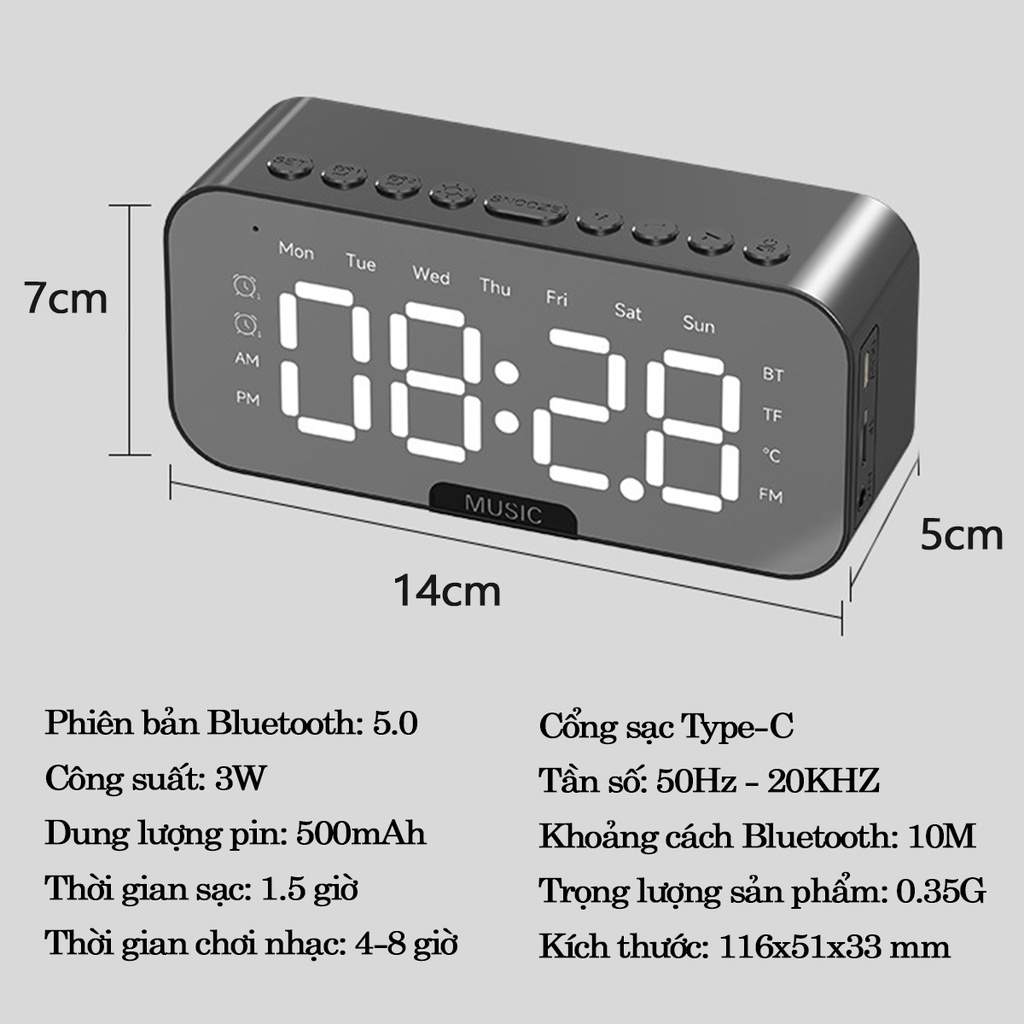 Loa Bluetooth Màn Hình Led P6 | Loa Không Dây Tích Hợp Đồng Hồ - Báo Thức - Đài FM - Màn Hình Gương - Đo Nhiệt Độ Phòng