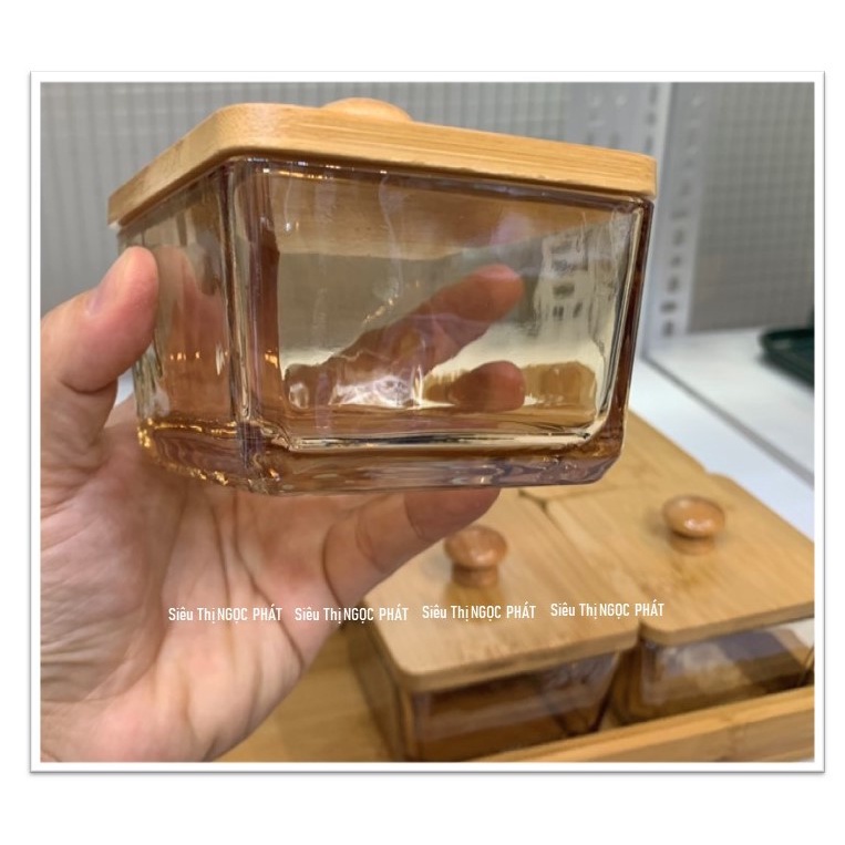 [LOẠI THỦY TINH DÀY] Khay đựng mứt tết, bánh kẹo_6 Hũ THỦY TINH &amp; Nắp Gỗ, Khay gỗ _MÀU HỔ PHÁCH