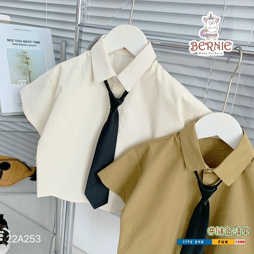 Áo sơ mi bé trai kèm cà vạt trắng kem nâu phong cách hàn quốc Bernie - ATBA
