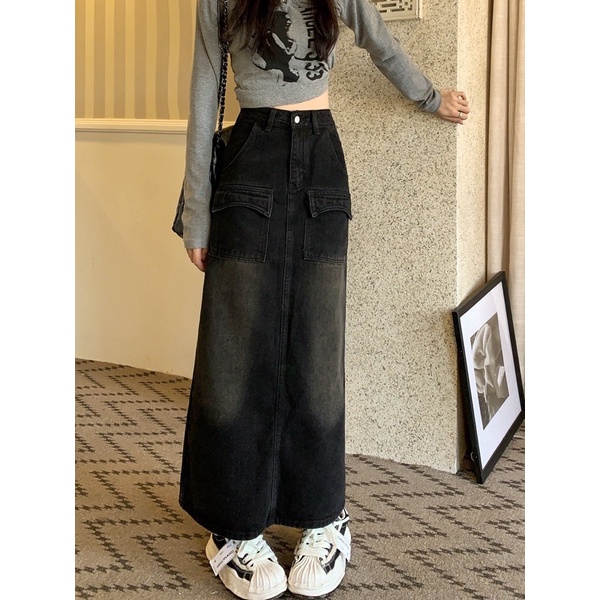 Chân váy denim dáng dài, chân váy jean dáng dài túi trước
