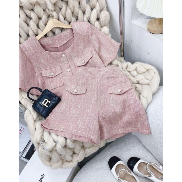 Set dạ tweed hồng kèm quần short