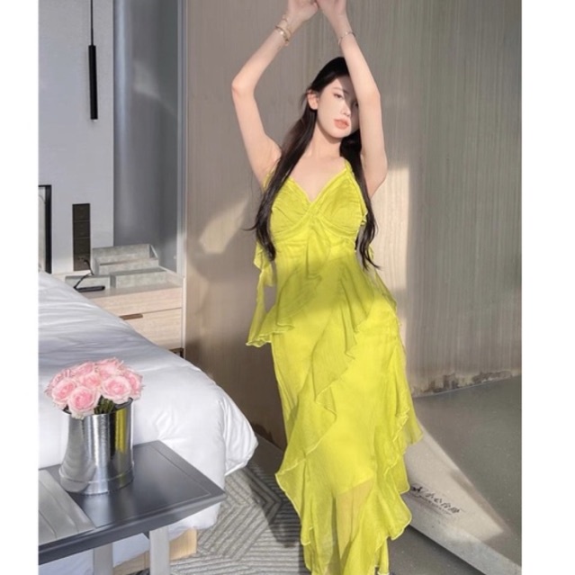 Váy Đầm Maxi Viền Bèo Tầmg Đi Biển Sang Chảnh Đầm Maxi Voan Hai Dây Xinh Xắn Dành Cho Nữ Đầm Dây Không Tay Thời Trang