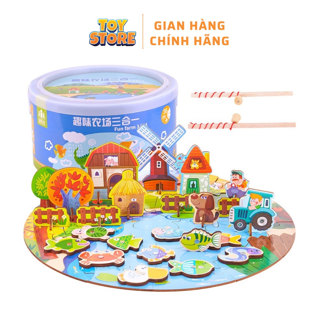 Bộ đồ chơi nông trại 3D kèm câu cá chất liệu gỗ ép cho bé FUDAER ghép tranh 3 trong 1